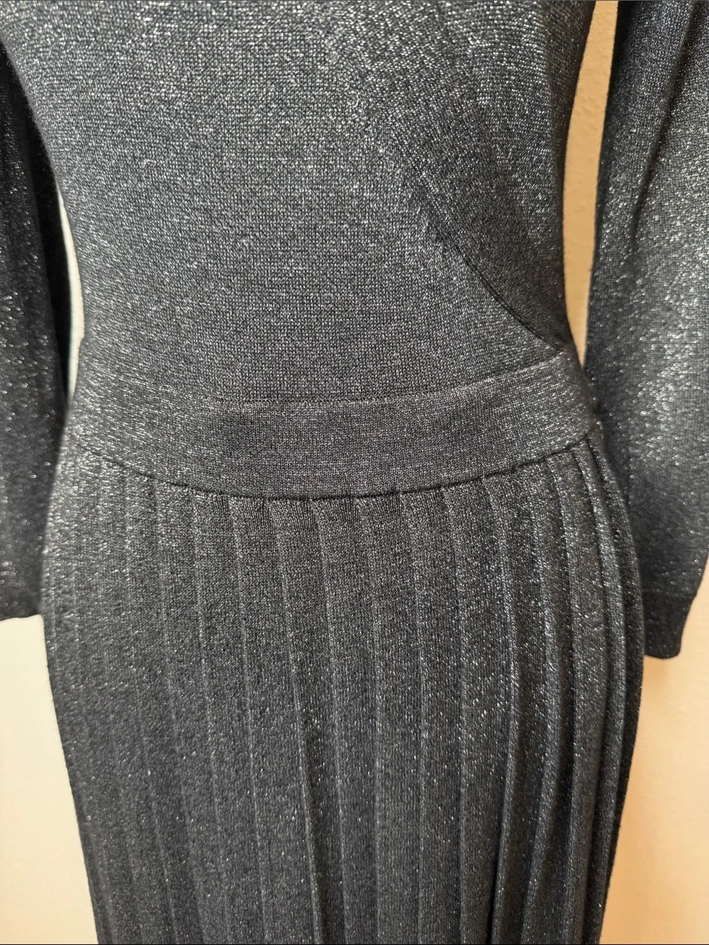 kate spade Metallic Charcoal Long Sleeve Pleated Midi Dress Wedding Holiday Med